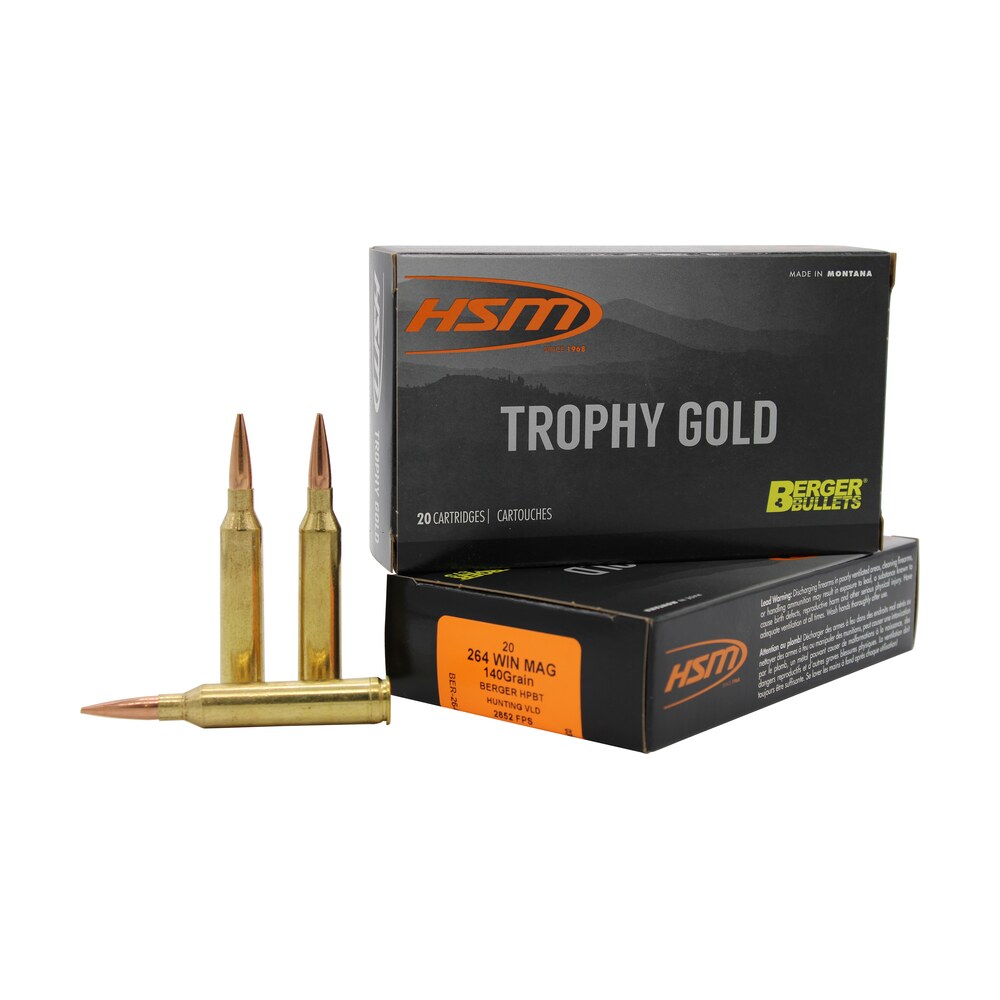 hsm 264wm140vld trophy gold extended range 264 win mag 140 gr berger hunting vld match 20 per box/ 20 case HSM 264WM140VLD Trophy Gold Extended Range 264 Win Mag 140 gr Berger Hunting VLD Match 20 Per Sports South item 82192
