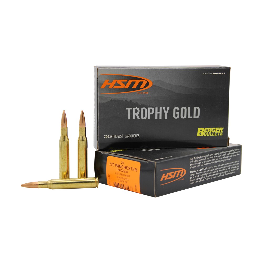 hsm 270150vld trophy gold extended range 270 win 150 gr berger hunting vld match 20 per box/ 20 case HSM 270150VLD Trophy Gold Extended Range 270 Win 150 gr Berger Hunting VLD Match 20 Per Box/ 20 Sports South item 82194