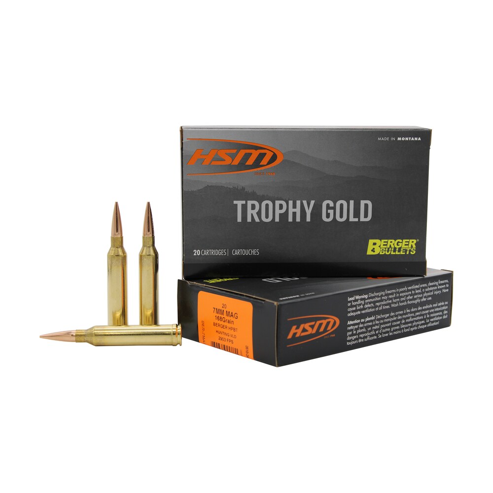 hsm 7mag168vld trophy gold extended range 7mm rem mag 168 gr berger hunting vld match 20 per box/ 20 case HSM 7MAG168VLD Trophy Gold Extended Range 7mm Rem Mag 168 gr Berger Hunting VLD Match 20 Per Sports South item 82203