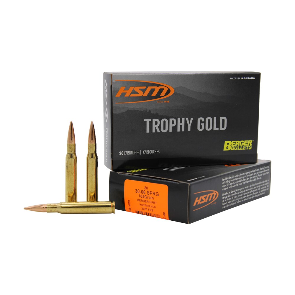 hsm 3006185vld trophy gold extended range 30 06 springfield 185 gr berger hunting vld match 20 per box/ 20 case HSM 3006185VLD Trophy Gold Extended Range 30-06 Springfield 185 gr Berger Hunting VLD Match 20 Sports South item 82213
