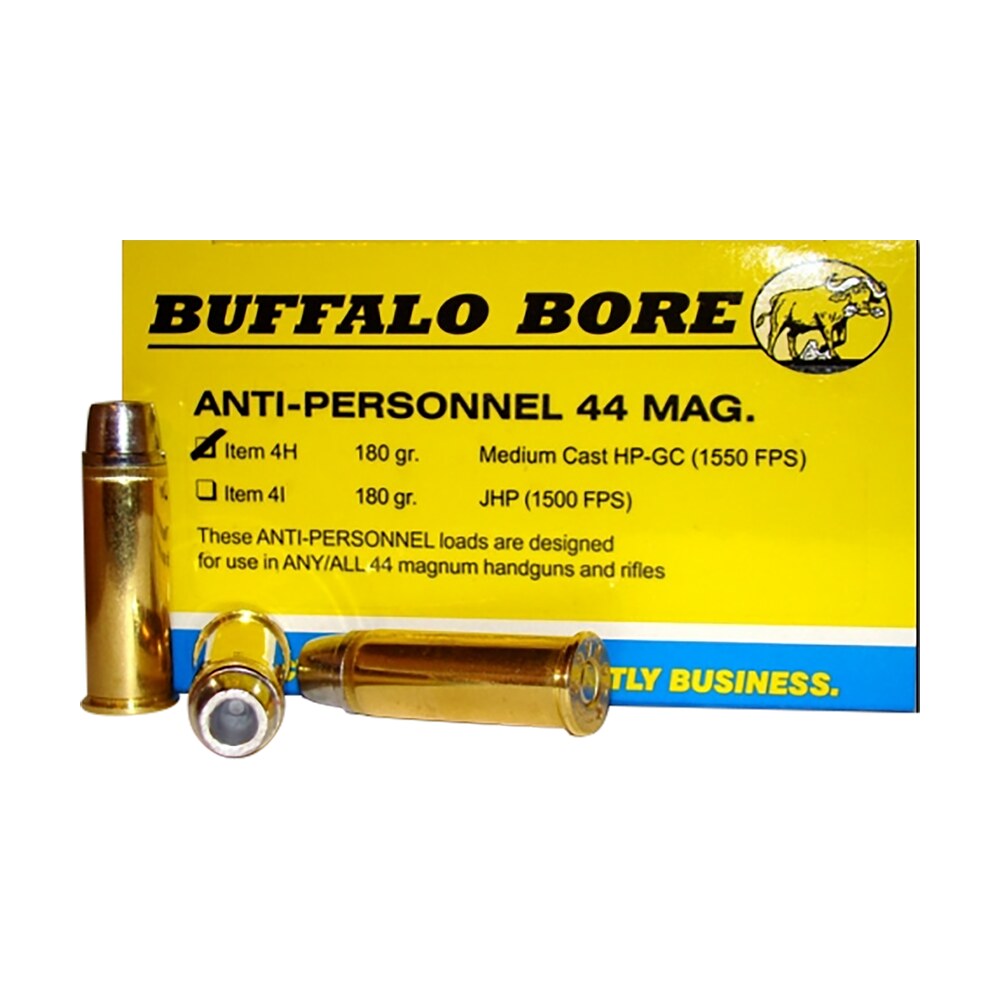 buffalo bore ammunition 4h20 anti personnel strictly business 44rem mag 180gr medium cast hollow point 20 per box/12 case Buffalo Bore Ammunition 4H20 Anti-Personnel Strictly Business 44Rem Mag 180gr Medium Cast Sports South item 82217