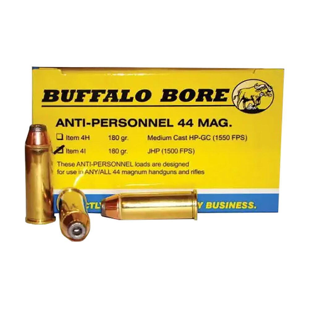 buffalo bore ammunition 4i20 anti personnel strictly business 44rem mag 180gr jacketed hollow point 20 per box/12 case Buffalo Bore Ammunition 4I20 Anti-Personnel Strictly Business 44Rem Mag 180gr Jacketed Hollow Sports South item 82218