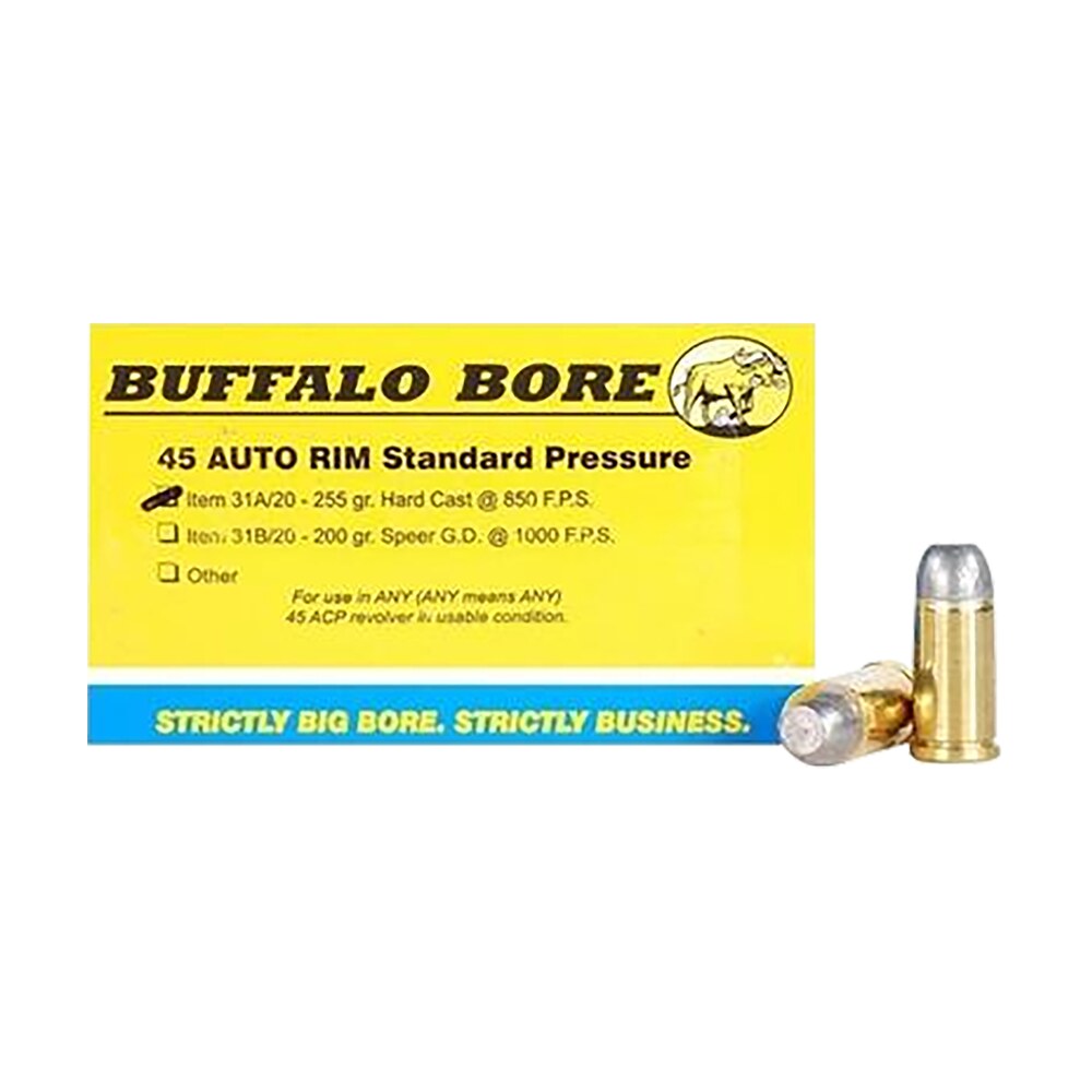 buffalo bore ammunition 31a20 standard pressure strictly business 45auto rim 255gr hard cast flat nose 20 per box/12 case Buffalo Bore Ammunition 31A20 Standard Pressure Strictly Business 45Auto Rim 255gr Hard Cast Sports South item 82223