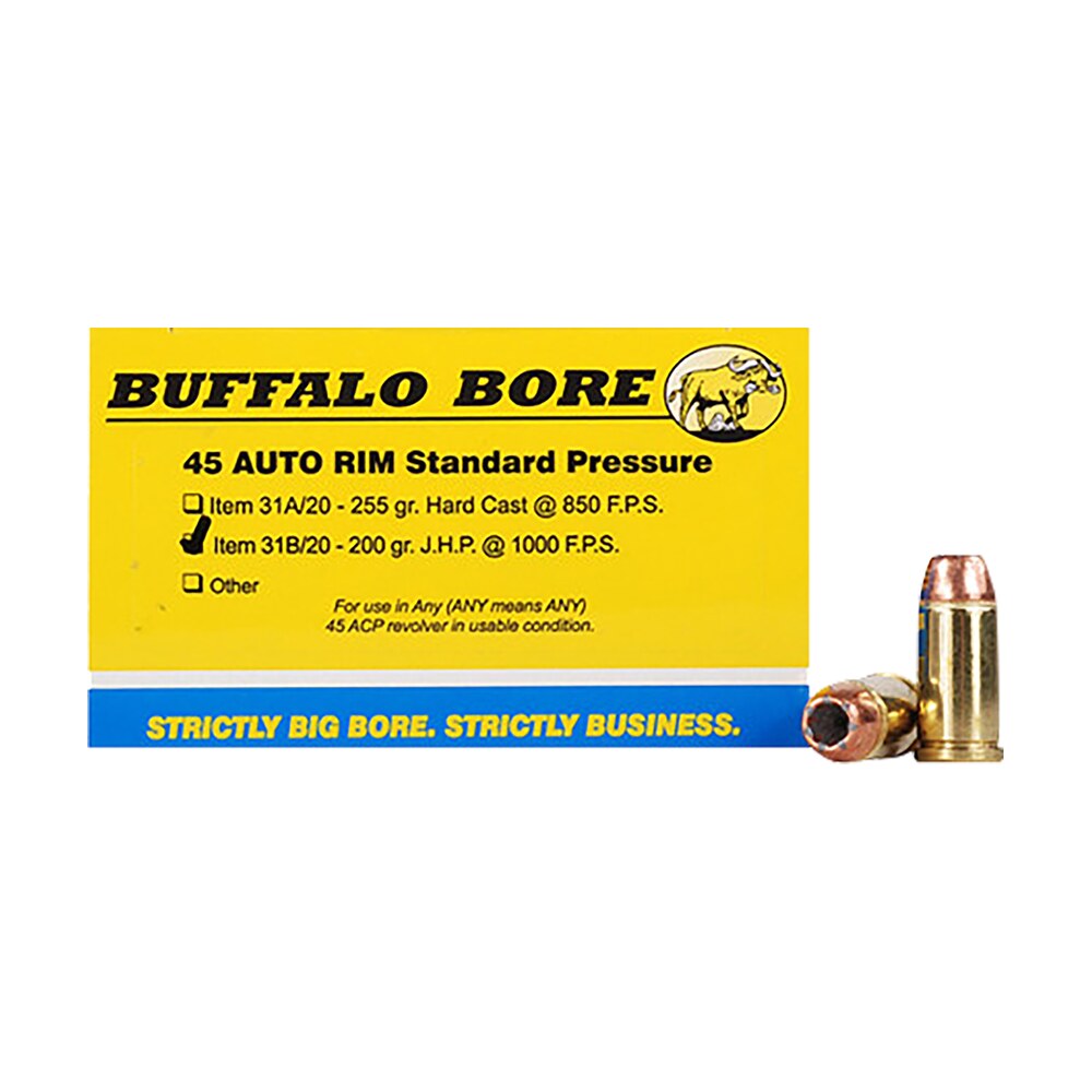 buffalo bore ammunition 31b20 standard pressure strictly business 45auto rim 200gr jacket hollow point 20 per box/12 case Buffalo Bore Ammunition 31B20 Standard Pressure Strictly Business 45Auto Rim 200gr Jacket Sports South item 82224