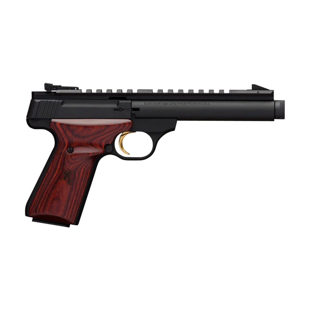 browning 051527490 buck mark field target sr 22 lr 10+1 5.50″ black threaded bull barrel, matte black aluminum frame, picatinny rail receiver, laminate cocobolo target grip, right hand Browning 051527490 Buck Mark Field Target SR 22 LR 10+1 5.50" Black Threaded Bull Sports South item 8287