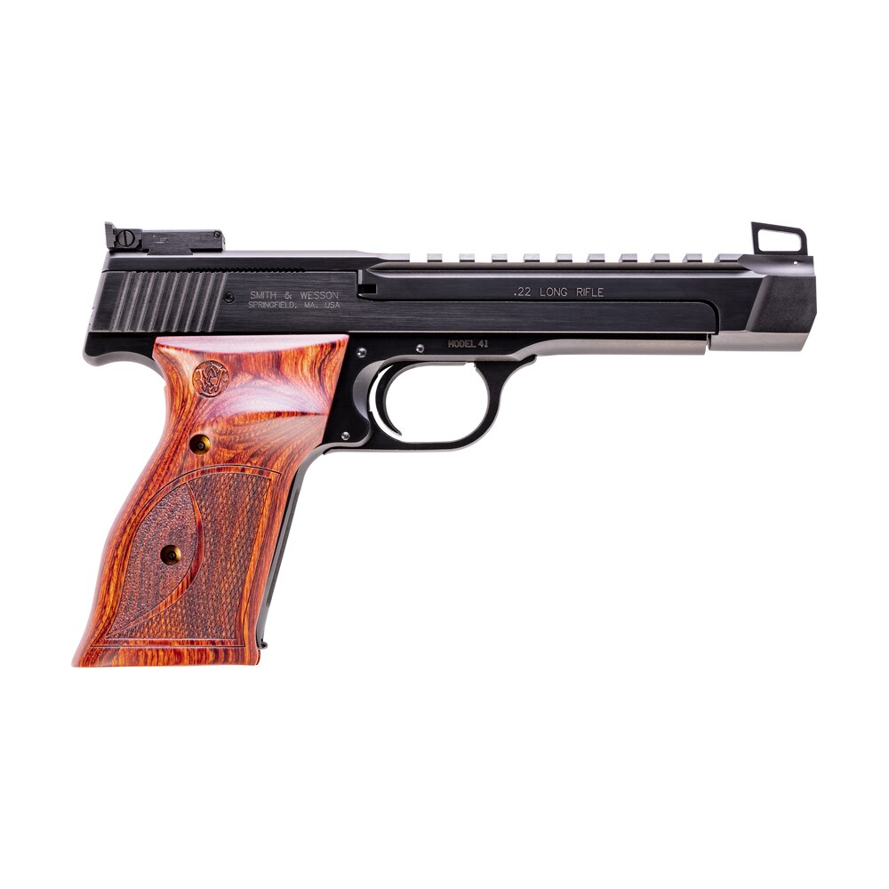 smith & wesson 178031 41 performance center full size frame 22 lr 10+1, 5.50" blued button rifled/picatinny rail barrel, blued serrated slide & frame, custom wood target grip, thumb safety Smith & Wesson 178031 41 Performance Center Full Size Frame 22 LR 10+1, 5.50" Blued Button Sports South item 84200