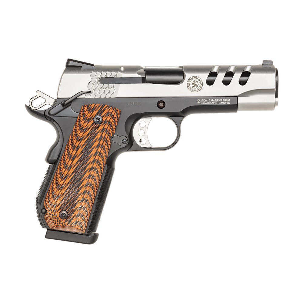 smith & wesson 170344 1911 performance center 45 acp 4.25" throated barrel 8+1, black scandium frame, ported matte stainless steel slide, g10 custom wood grip, ambidextrous safety Smith & Wesson 170344 1911 Performance Center 45 ACP 4.25" Throated Barrel 8+1, Black Sports South item 84202
