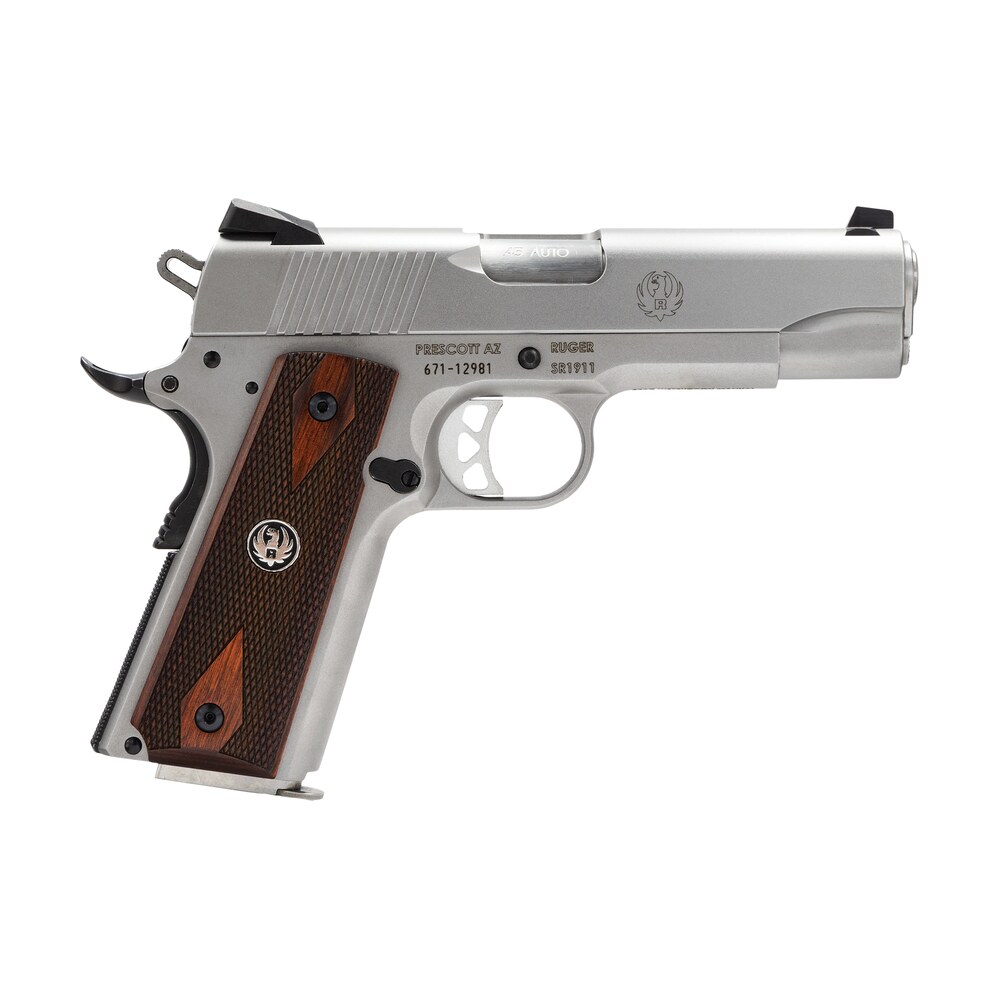 ruger 6702 sr1911 commander style 45 acp 7+1 4.25" stainless steel barrel, serrated stainless steel slide, stainless steel frame w/beavertail, hardwood grip Ruger 6702 SR1911 Commander-Style 45 ACP 7+1 4.25" Stainless Steel Sports South item 84872