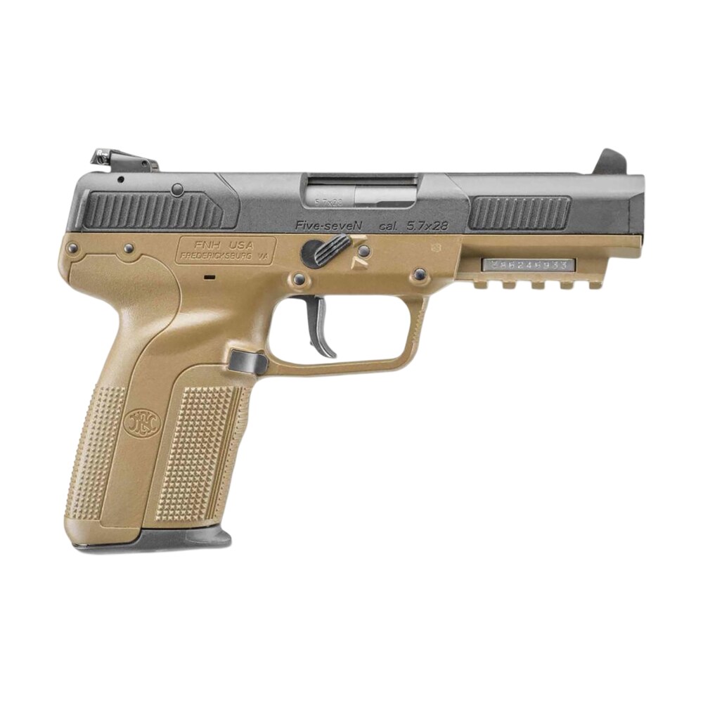 fn 3868929352 five seven *ca compliant 5.7x28mm 10+1 4.80" black steel barrel, black serrated steel slide & polymer frame w/picatinny rail, fde textured polymer grip, ambidextrous FN 3868929352 Five-seveN *CA Compliant 5.7x28mm 10+1 4.80" Black Steel Sports South item 84948