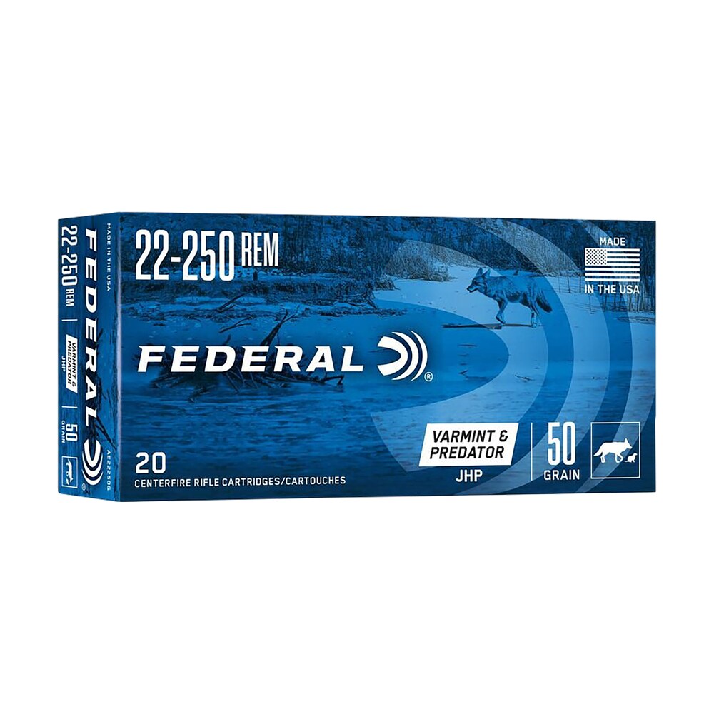 federal ae22250g american eagle varmint & predator 22 250rem 50gr jacketed hollow point 20 per box/10 case Federal AE22250G American Eagle Varmint & Predator 22-250Rem 50gr Jacketed Hollow Point 20 Sports South item 85742
