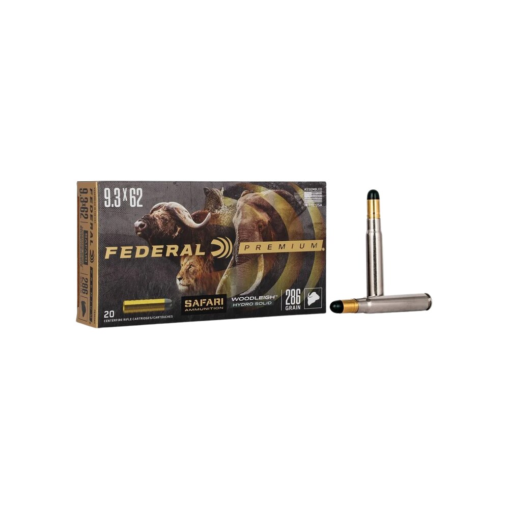 federal p9362wh premium safari cape shok 9.3mmx62mauser 286gr woodleigh hydro solid 20 per box/10 case Federal P9362WH Premium Safari Cape-Shok 9.3mmx62Mauser 286gr Woodleigh Hydro Solid 20 Per Sports South item 85750