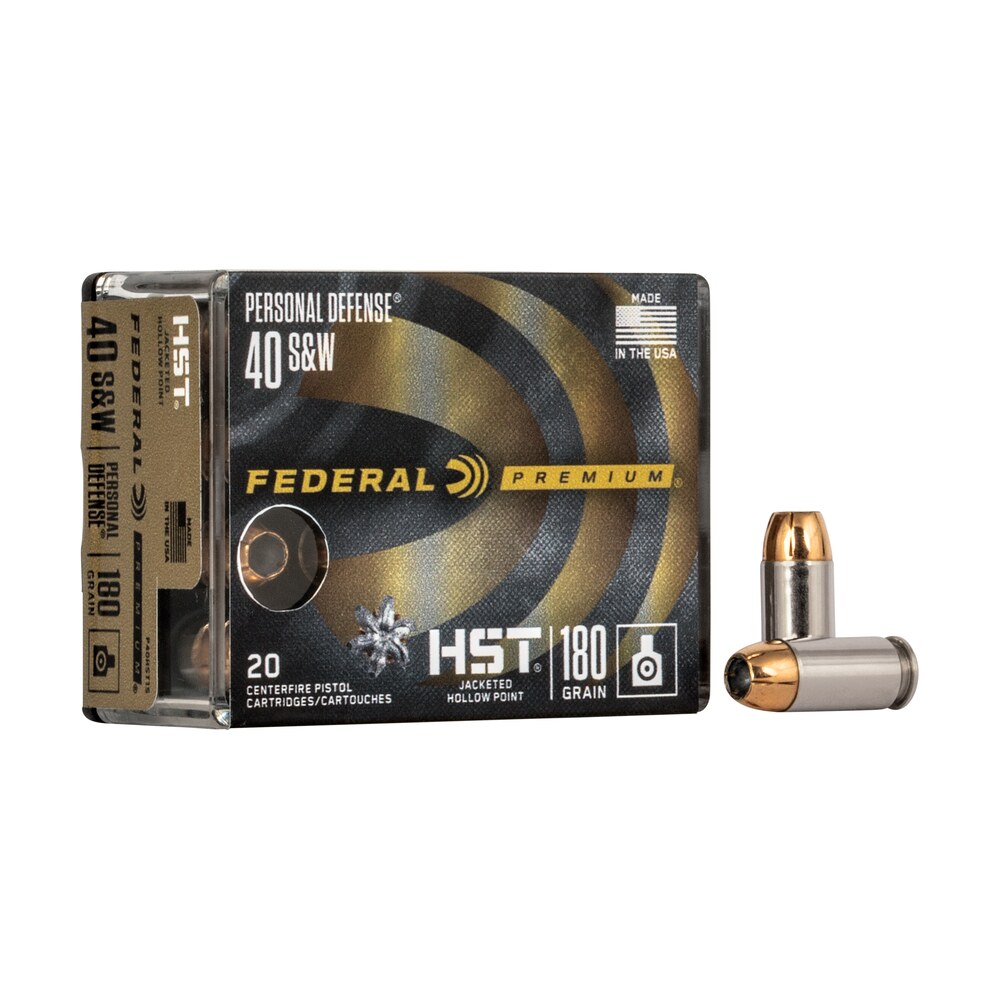 federal p40hst1s premium personal defense 40s&w 180gr hst jacketed hollow point 20 per box/10 case Federal P40HST1S Premium Personal Defense 40S&W 180gr HST Jacketed Hollow Point 20 Per Sports South item 85761