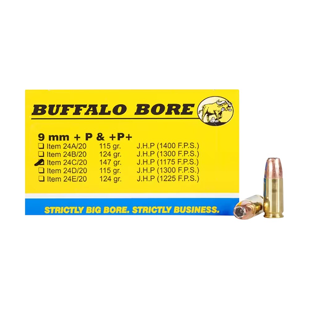 buffalo bore ammunition 24c20 personal defense strictly business 9mmluger +p+ 147gr jacket hollow point 20 per box/12 case Buffalo Bore Ammunition 24C20 Personal Defense Strictly Business 9mmLuger +P+ 147gr Jacket Sports South item 86238