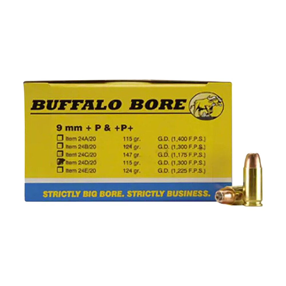 buffalo bore ammunition 24d20 personal defense strictly business 9mmluger +p 115gr jacket hollow point 20 per box/12 case Buffalo Bore Ammunition 24D20 Personal Defense Strictly Business 9mmLuger +P 115gr Jacket Sports South item 86239