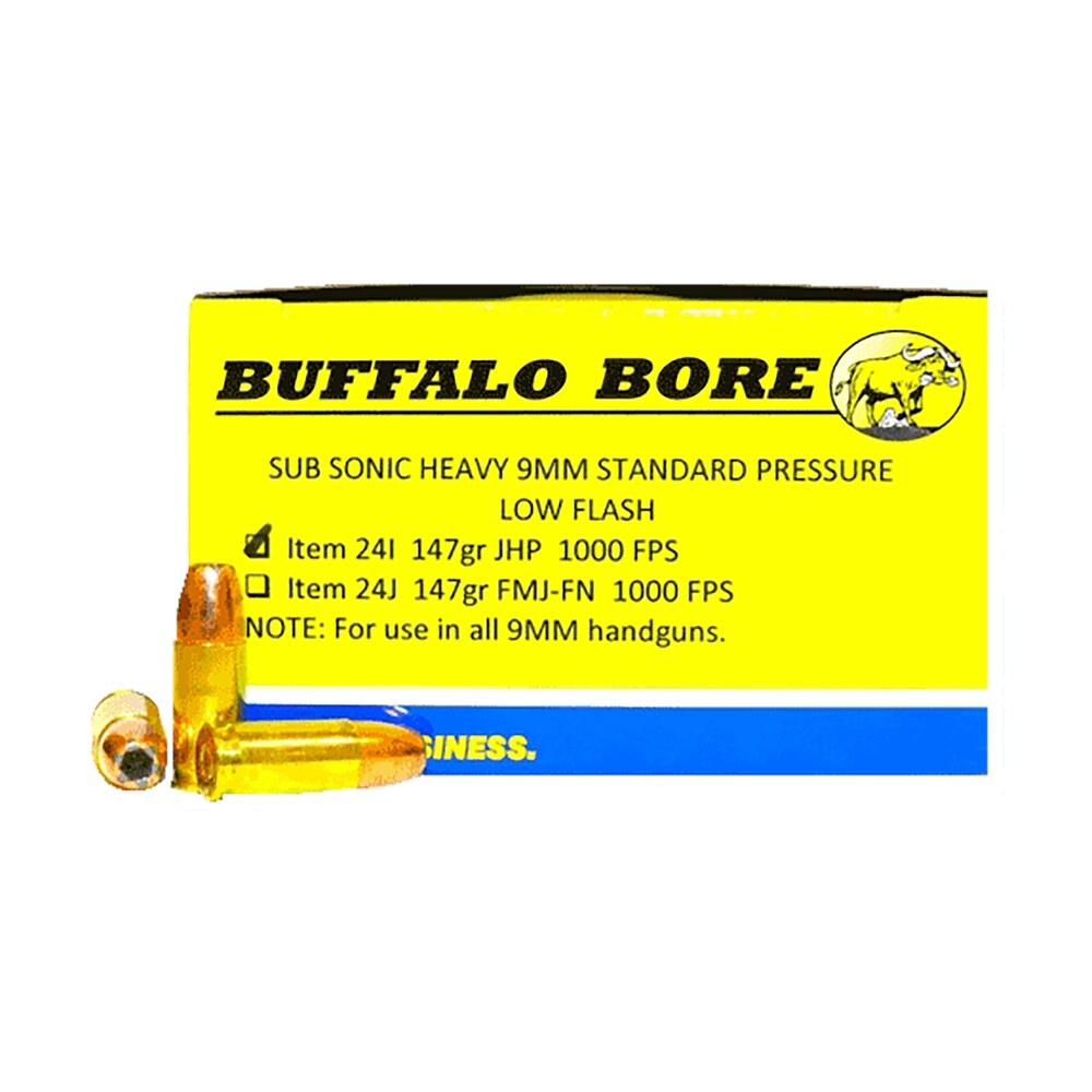 buffalo bore ammunition 24i20 subsonic strictly business 9mmluger subsonic 147gr jacketed hollow point 20 per box/12 case Buffalo Bore Ammunition 24I20 Subsonic Strictly Business 9mmLuger Subsonic 147gr Jacketed Sports South item 86241