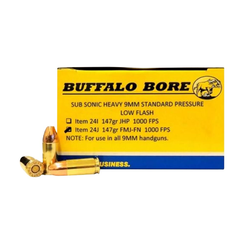 buffalo bore ammunition 24j20 subsonic strictly business 9mmluger 147gr full metal jacket flat nose 20 per box/12 case Buffalo Bore Ammunition 24J20 Subsonic Strictly Business 9mmLuger 147gr Full Metal Jacket Flat Sports South item 86242