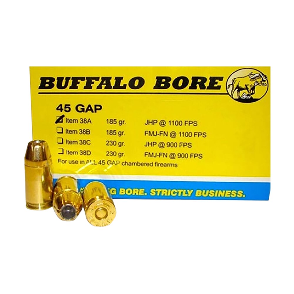buffalo bore ammunition 38a20 personal defense strictly business 45gap 185gr jacket hollow point 20 per box/12 case Buffalo Bore Ammunition 38A20 Personal Defense Strictly Business 45GAP 185gr Jacket Hollow Sports South item 86248
