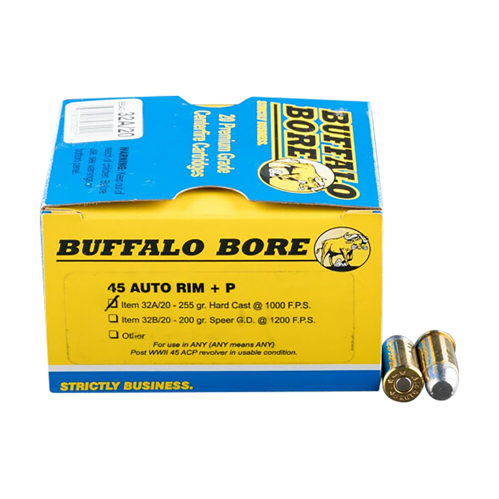 buffalo bore ammunition 32a20 personal defense strictly business 45auto rim +p 255gr hard cast flat nose 20 per box/12 case Buffalo Bore Ammunition 32A20 Personal Defense Strictly Business 45Auto Rim +P 255gr Hard Cast Sports South item 86276