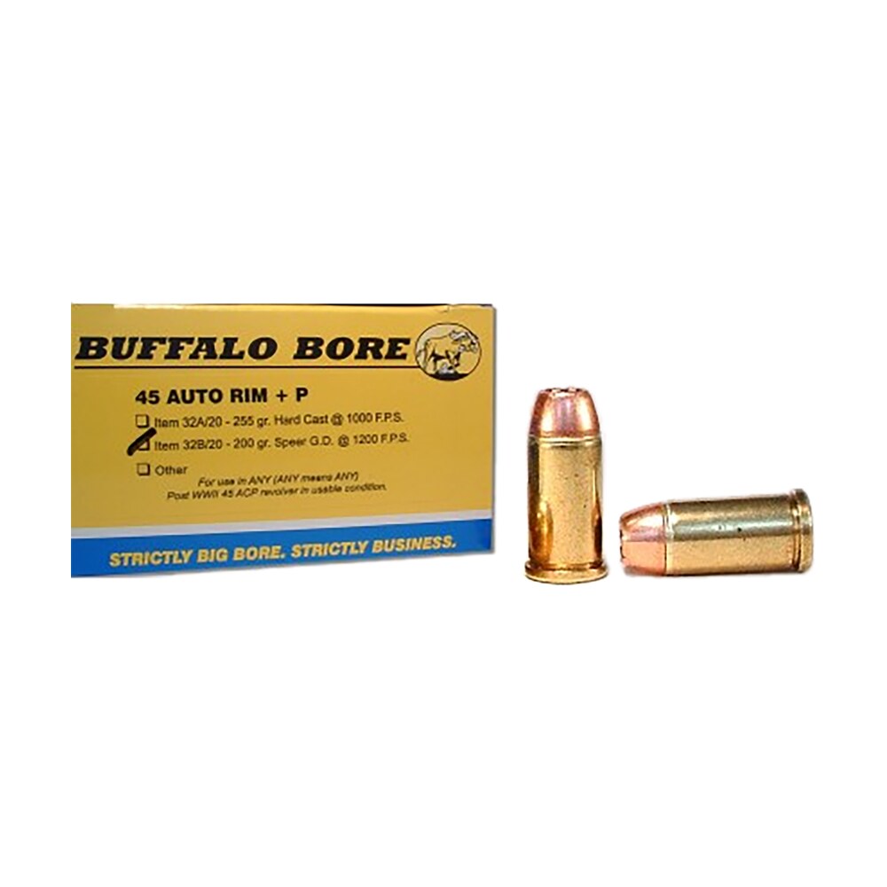 buffalo bore ammunition 32b20 personal defense strictly business 45auto rim +p 200gr jacket hollow point 20 per box/12 case Buffalo Bore Ammunition 32B20 Personal Defense Strictly Business 45Auto Rim +P 200gr Jacket Sports South item 86277