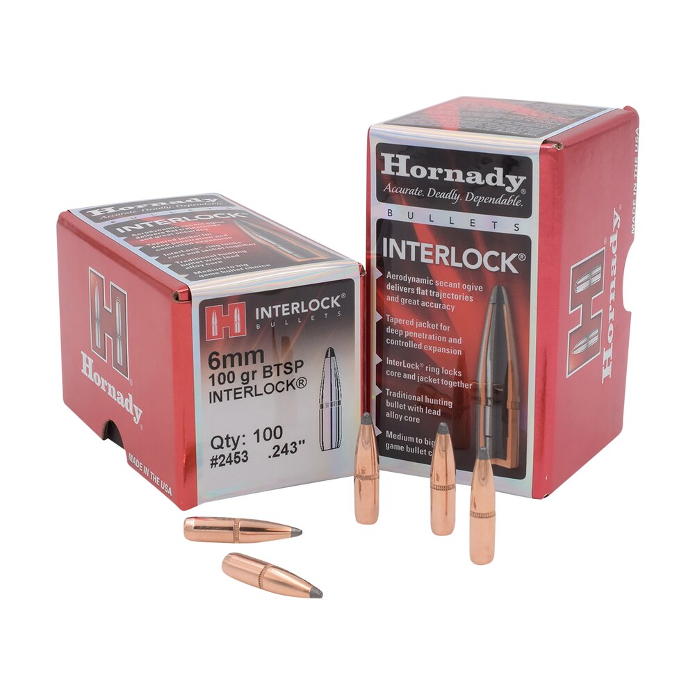 hornady 2453 interlock 6mm .243 100 gr boat tail spire point 100 per box/ 25 case Hornady 2453 InterLock 6mm .243 100 gr Boat Tail Spire Point 100 Per Box/ 25 Case Sports South item 86644