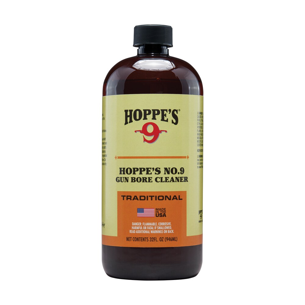hoppe's 932 no. 9 bore cleaner removes carbon powder & lead fouling child proof cap 1 quart (32 oz.) bottle Hoppe's 932 No. 9 Bore Cleaner Removes Carbon Powder & Lead Fouling Child Proof Cap 1 Quart Sports South item 87302