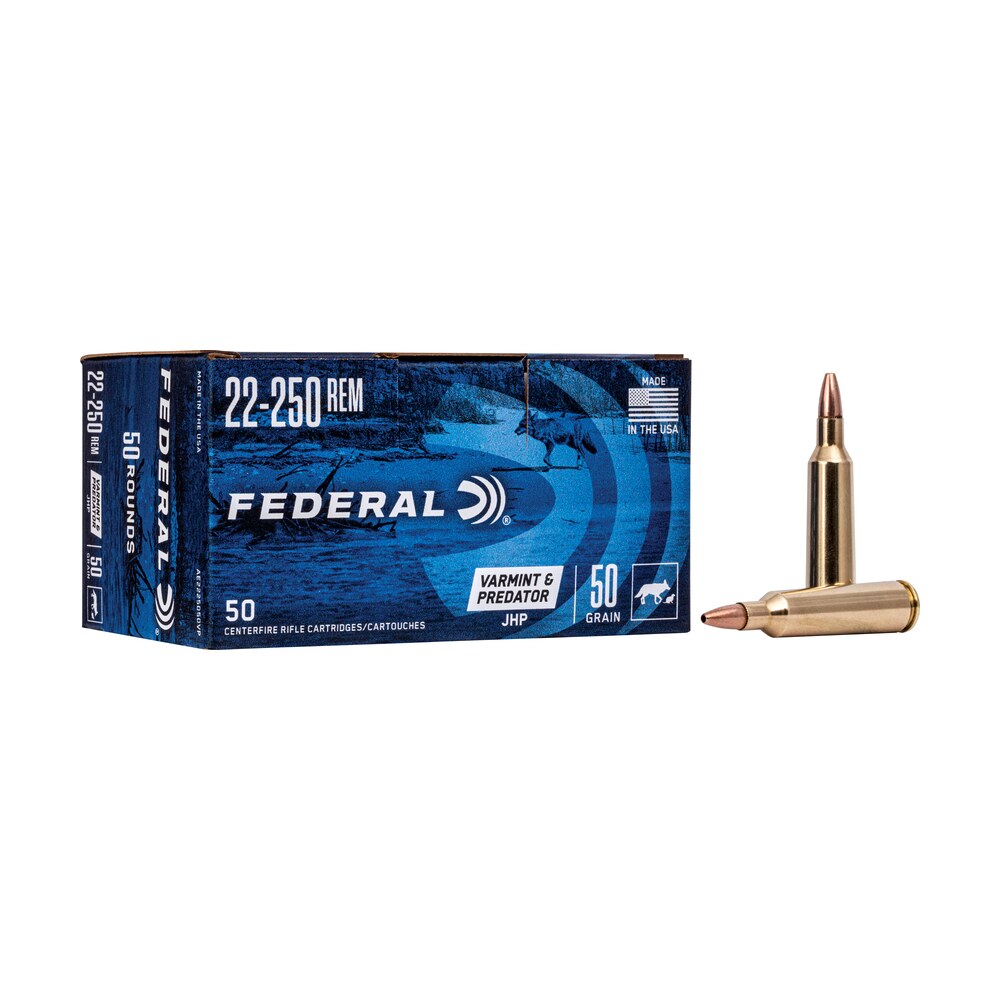 federal ae2225050vp american eagle varmint & predator 22 250rem 50gr jacketed hollow point 50 per box/5 case Federal AE2225050VP American Eagle Varmint & Predator 22-250Rem 50gr Jacketed Hollow Point Sports South item 8732