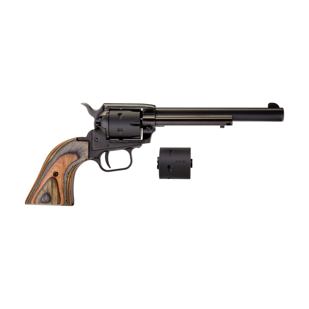 heritage mfg rr22mbs6 rough rider 22 lr/22 wmr 6 shot, 6.50" black satin steel barrel, black satin zinc alloy frame, black satin cylinder, camo laminate grip, exposed hammer Heritage Mfg RR22MBS6 Rough Rider 22 LR/22 WMR 6 Shot, 6.50" Black Satin Steel Sports South item 87936