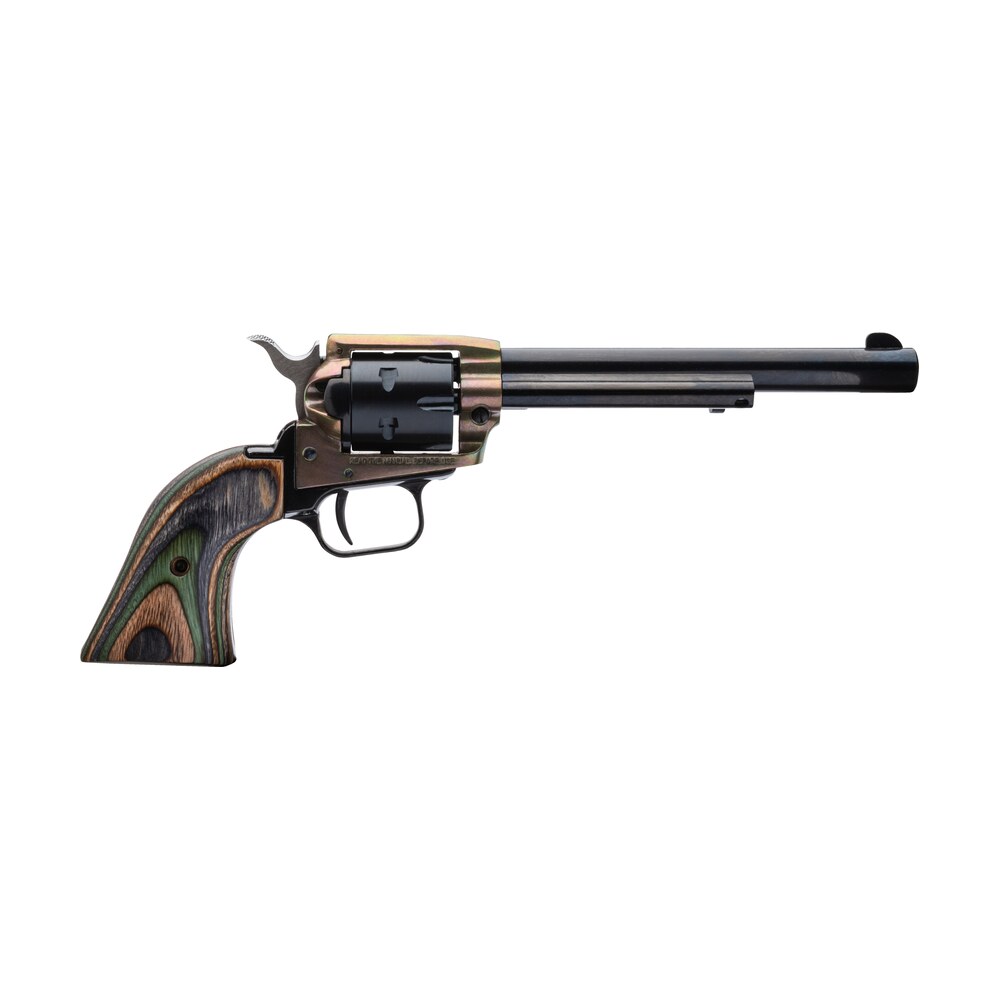 heritage mfg rr22mch6 rough rider 22 lr/22 wmr 6 shot, 6.50" black steel barrel & cylinder, simulated case hardened zinc alloy frame, camo laminate grip, hammer/thumb safety, exposed hammer Heritage Mfg RR22MCH6 Rough Rider 22 LR/22 WMR 6 Shot, 6.50" Black Steel Barrel & Cylinder, Sports South item 87944