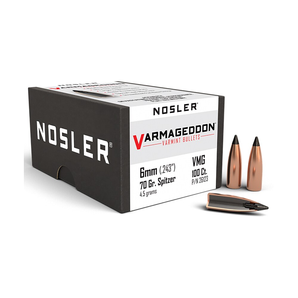 nosler 26123 varmageddon 6mm 70gr flat base tipped 100/box Nosler 26123 Varmageddon 6mm 70gr Flat Base Tipped 100/Box Sports South item 88199