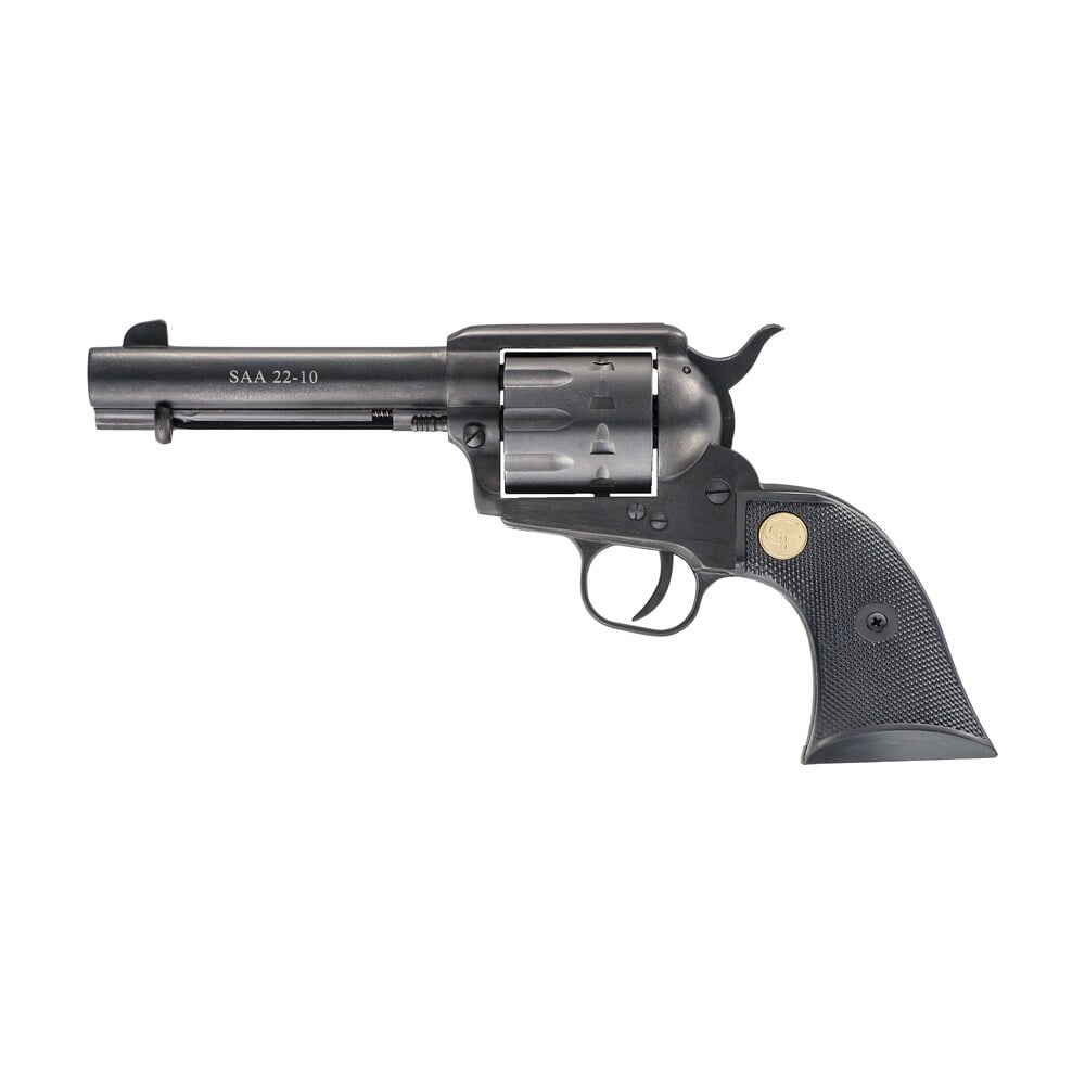 chiappa firearms cf340155 saa 1873 medium frame 22 lr 10 shot, 4.75" blued steel barrel, blued steel frame, blued cylinder, black plastic grip, exposed hammer Chiappa Firearms CF340155 SAA 1873 Medium Frame 22 LR 10 Shot, 4.75" Blued Steel Sports South item 88302