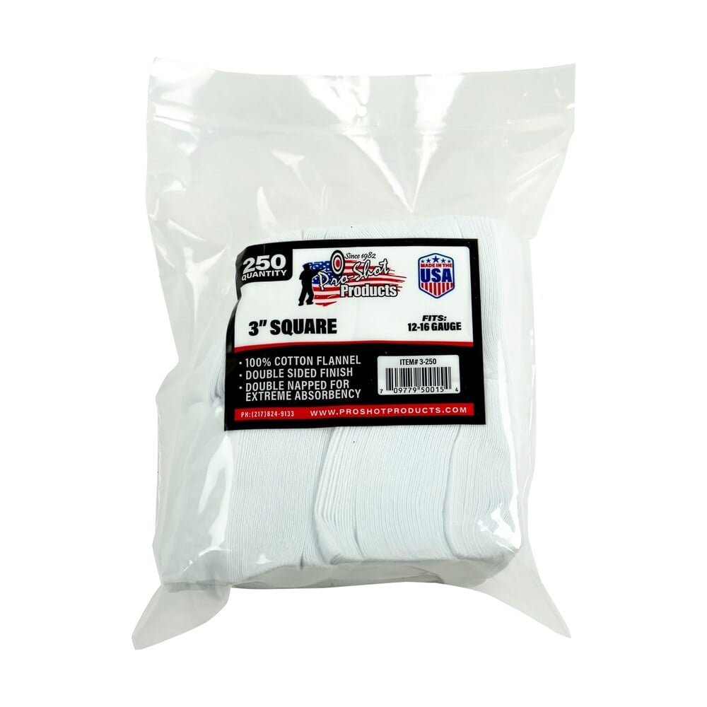 pro shot 3250 cleaning patches 12 16 gauge 3″ square cotton flannel 250 pack Pro-Shot 3250 Cleaning Patches 12-16 Gauge 3" Square Cotton Flannel 250 Pack Sports South item 8905