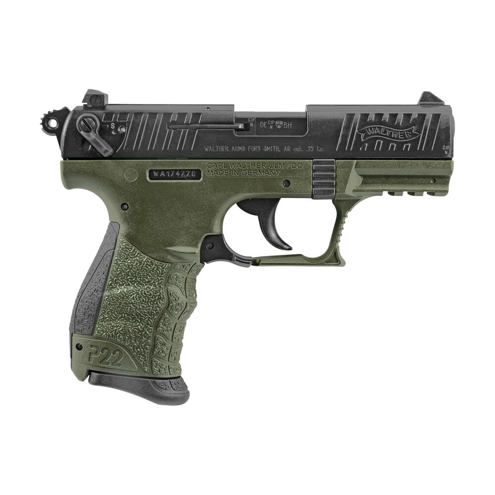 walther arms 5120338 p22 military *ca compliant 22 lr 10+1 3.42" matte black tenifer serrated/steel slide, od green polymer frame w/picatinny rail, od green interchangeable backstrap grips Walther Arms 5120338 P22 Military *CA Compliant 22 LR 10+1 3.42" Matte Black Tenifer Sports South item 89506