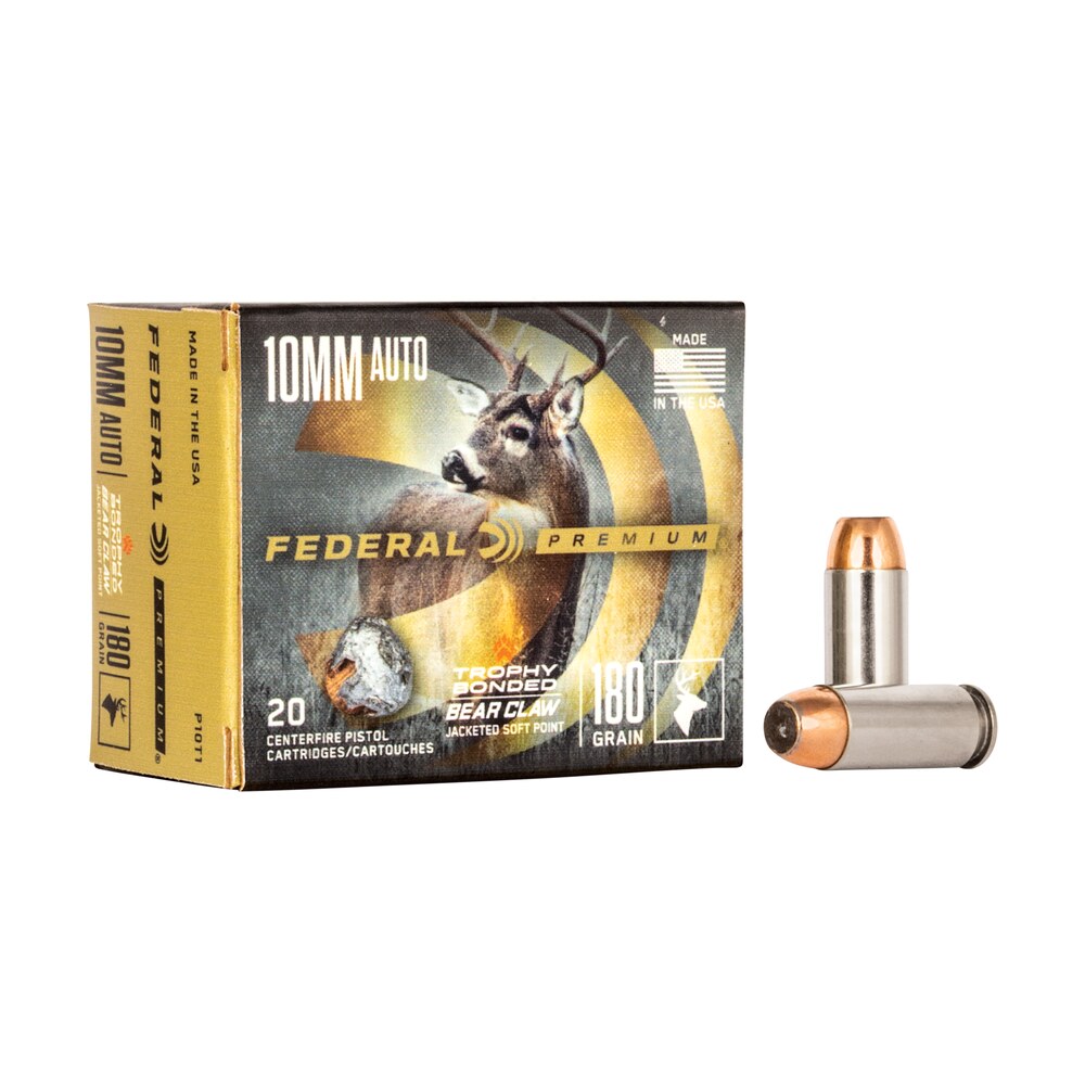 federal p10t1 premium 10mmauto 180gr trophy bonded bear claw jacketed soft point 20 per box/10 case Federal P10T1 Premium 10mmAuto 180gr Trophy Bonded Bear Claw Jacketed Soft Point 20 Per Box/10 Sports South item 89813
