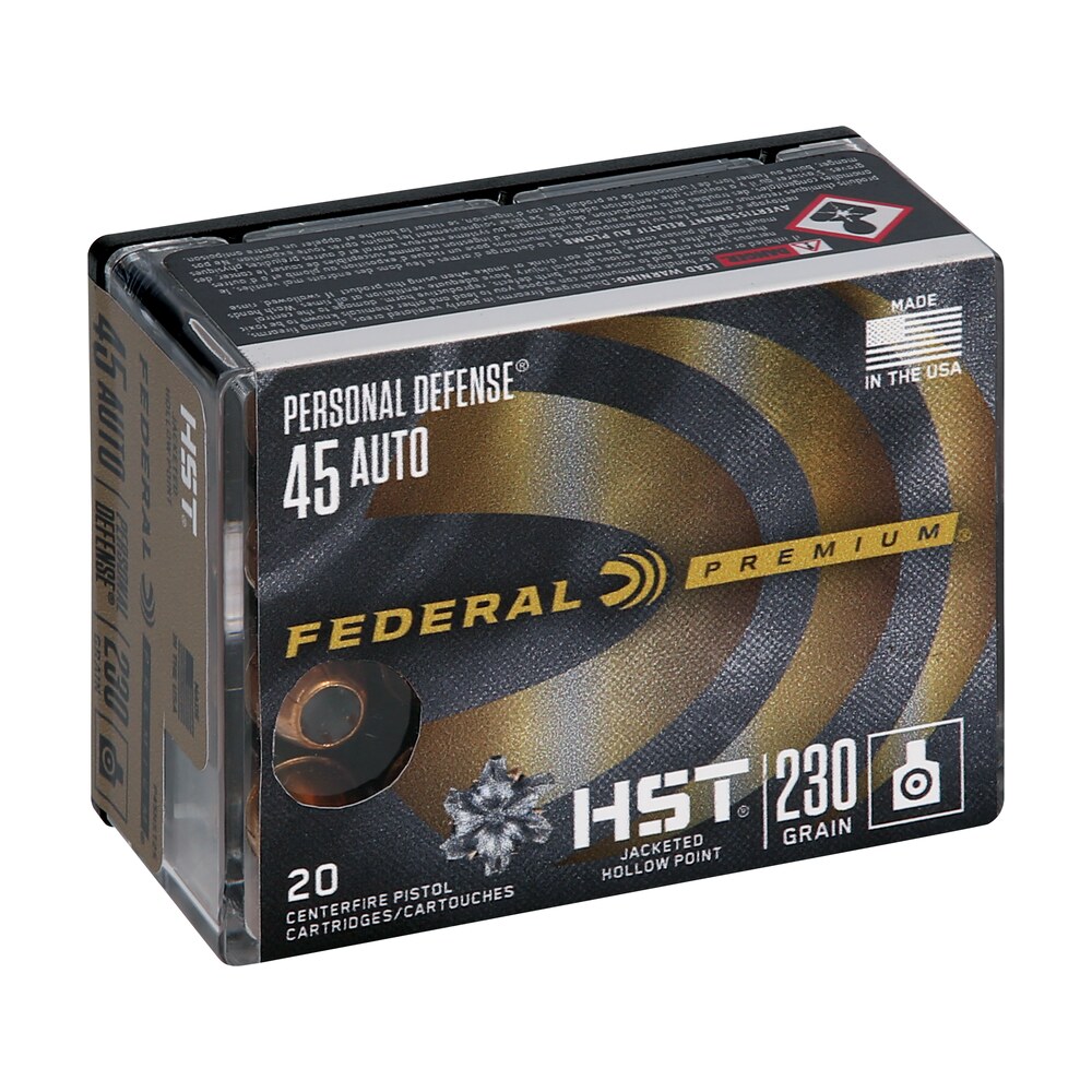 federal p45hst2s premium personal defense 45acp 230gr hst jacketed hollow point 20 per box/10 case Federal P45HST2S Premium Personal Defense 45ACP 230gr HST Jacketed Hollow Point 20 Per Box/10 Sports South item 90246