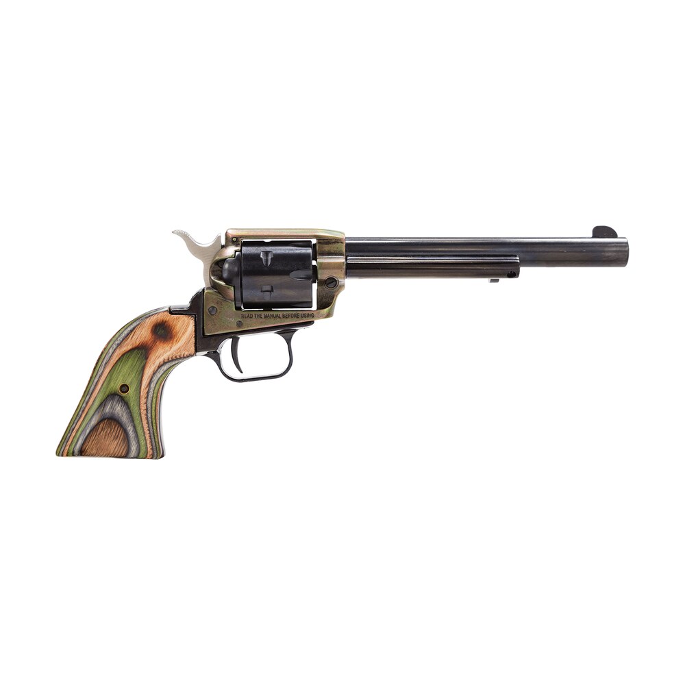 heritage mfg rr22ch6 rough rider 22 lr 6 shot, 6.50" black oxide steel barrel, simulated case hardened zinc alloy frame, black oxide cylinder, camo laminate grip, manual safety, exposed hammer Heritage Mfg RR22CH6 Rough Rider 22 LR 6 Shot, 6.50" Black Oxide Steel Sports South item 91469