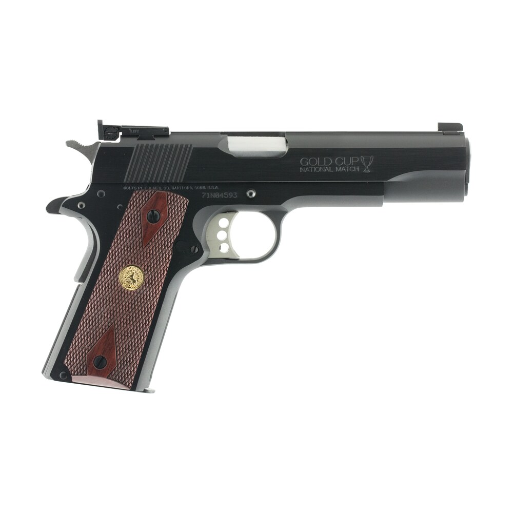 colt mfg o5870a1 gold cup natonal match 45 acp 8+1 5" stainless national match barrel, blued serrated carbon steel slide & frame w/beavertail, walnut w/integrated gold medallion grip, ambidextrous Colt Mfg O5870A1 Gold Cup Natonal Match 45 ACP 8+1 5" Stainless National Match Sports South item 95532