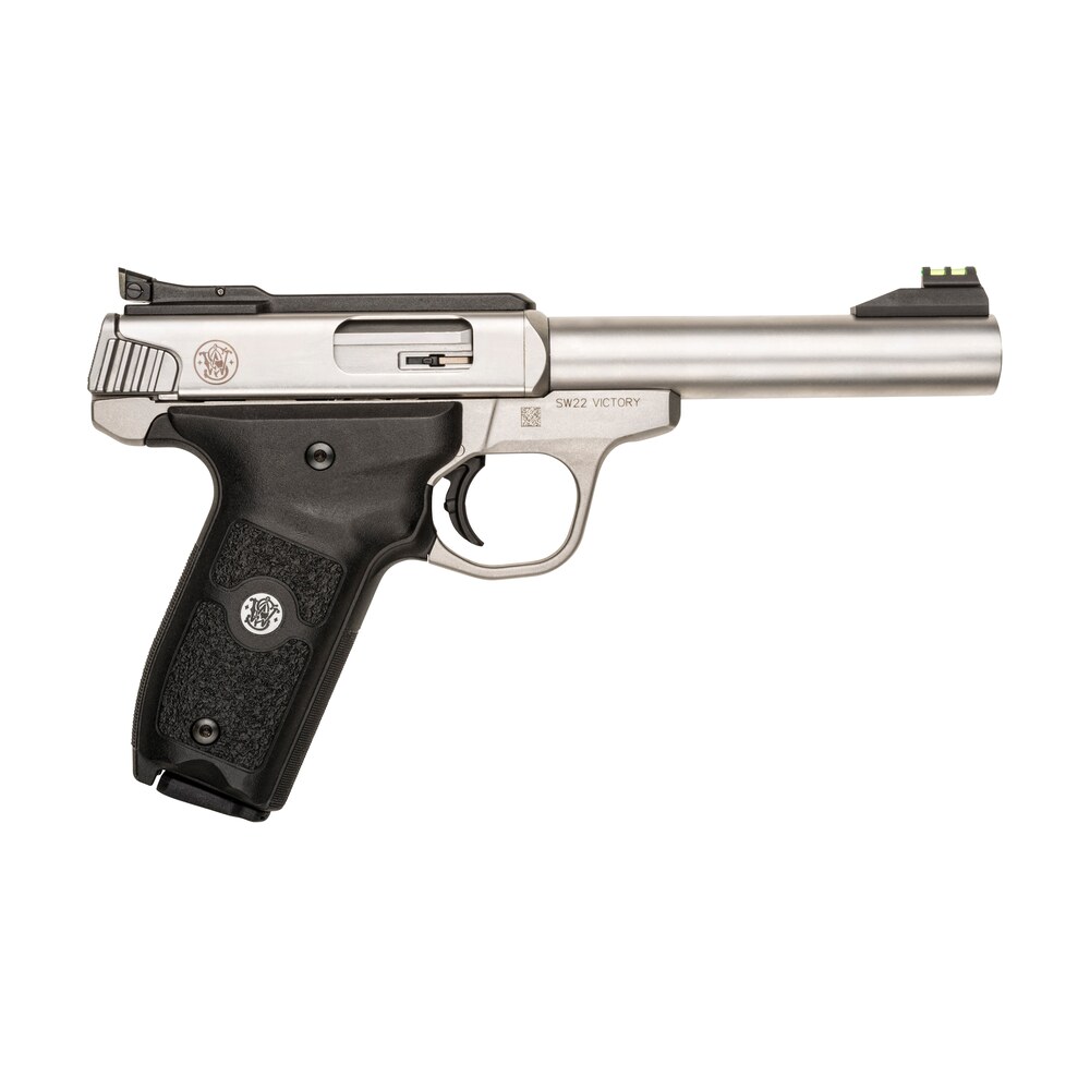 smith & wesson 108490 sw22 victory full size frame 22 lr 10+1, 5.50" silver match grade barrel, satin serrated slide & frame, black textured grip, thumb safety Smith & Wesson 108490 SW22 Victory Full Size Frame 22 LR 10+1, 5.50" Silver Match Grade Sports South item 96492