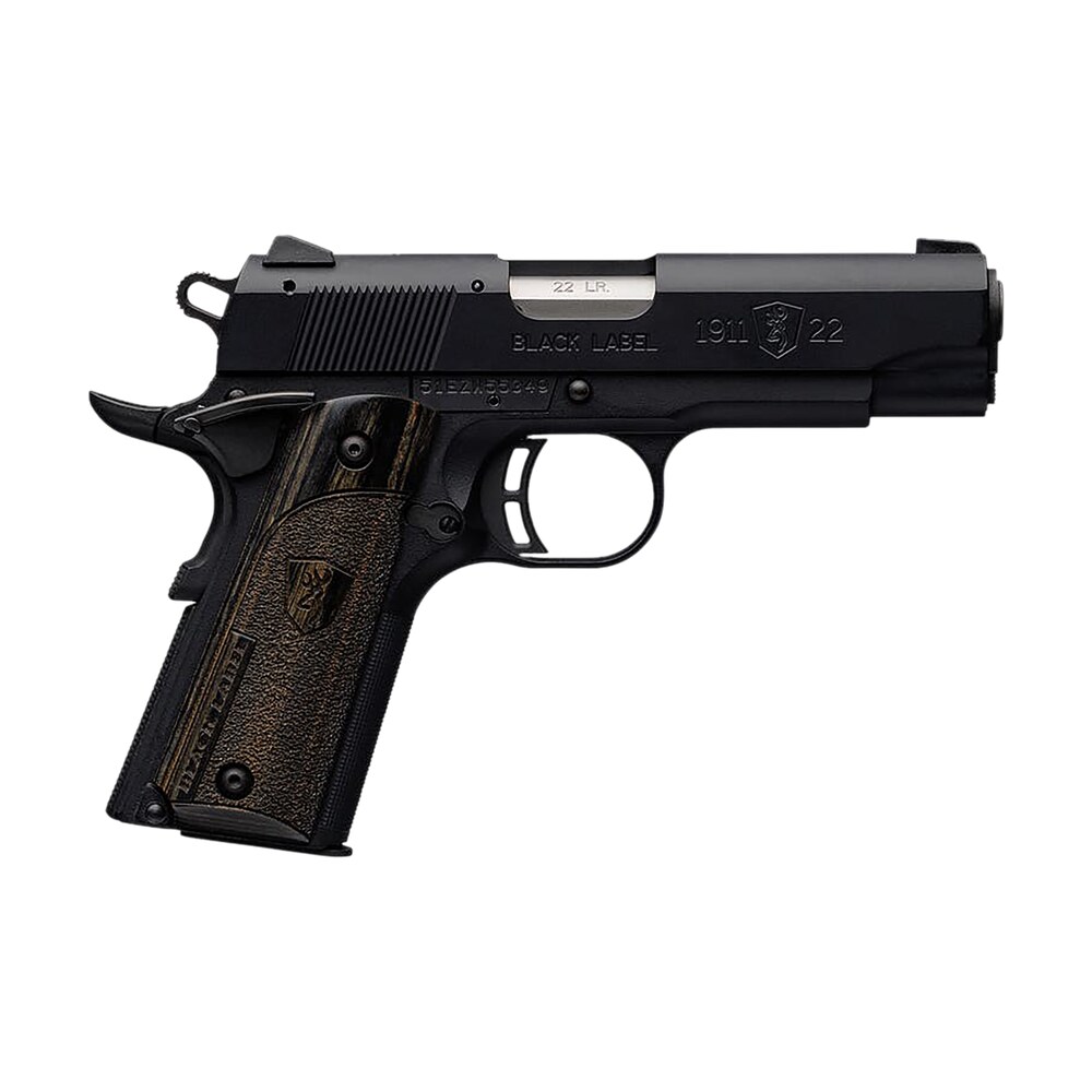 browning 051815490 1911 black label compact 22 lr 10+1 3.63" stainless steel barrel, matte black serrated slide & polymer frame w/beavertail, black laminate stippled grip Browning 051815490 1911 Black Label Compact 22 LR 10+1 3.63" Stainless Steel Sports South item 96641