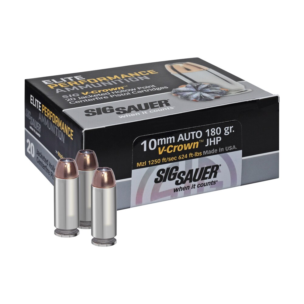 sig sauer e10mm120 elite performance 10mmauto 180gr v crown jacketed hollow point 20 per box/10 case Sig Sauer E10MM120 Elite Performance 10mmAuto 180gr V-Crown Jacketed Hollow Point 20 Per Box/10 Sports South item 96691