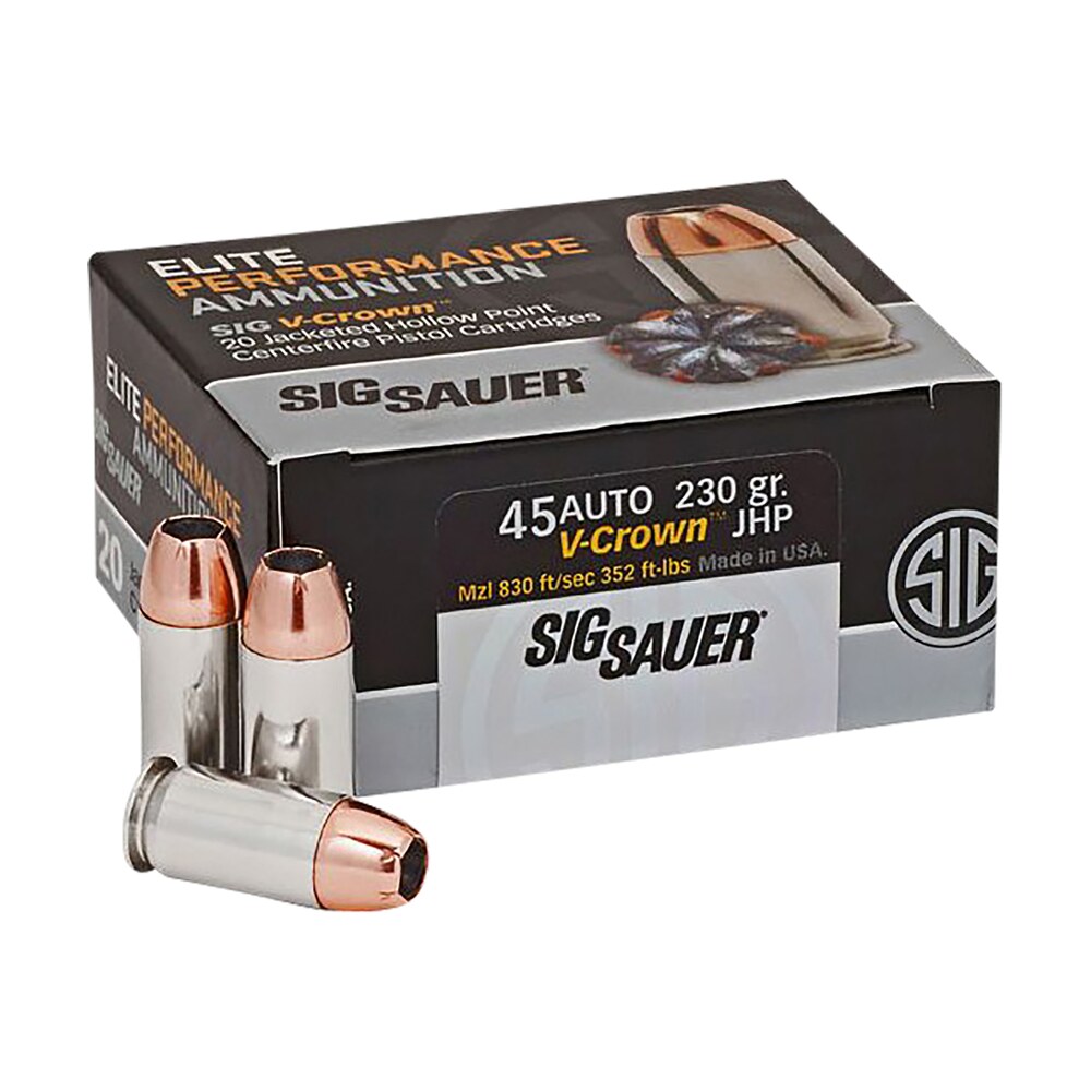 sig sauer e45ap220 elite performance 45acp 230gr v crown jacketed hollow point 20 per box/10 case Sig Sauer E45AP220 Elite Performance 45ACP 230gr V-Crown Jacketed Hollow Point 20 Per Box/10 Sports South item 96693