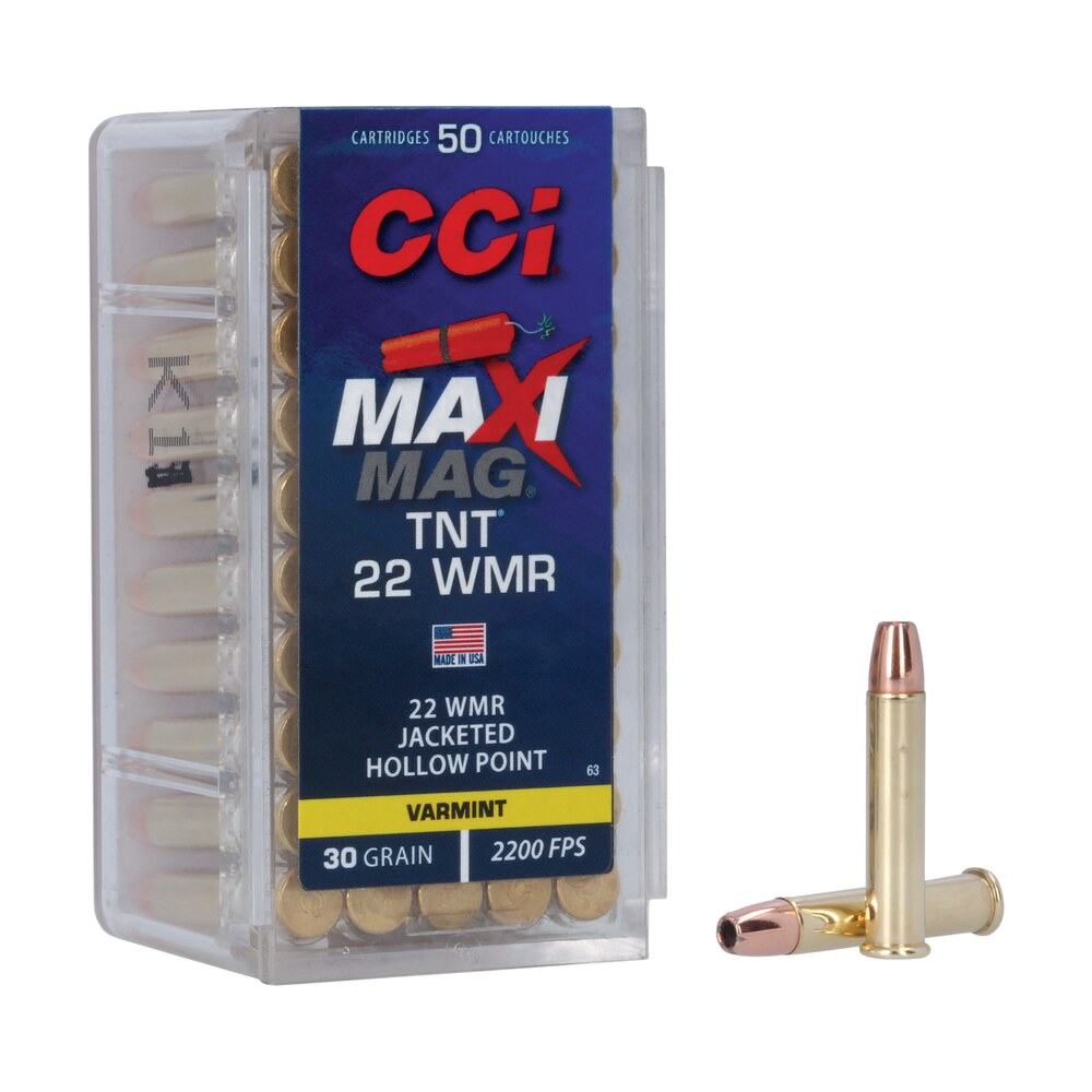 cci 0063 maxi mag tnt 22wmr 30gr tnt jacketed hollow point 50 per box/40 case CCI 0063 Maxi-Mag TNT 22WMR 30gr TNT Jacketed Hollow Point 50 Per Box/40 Case Sports South item 9775