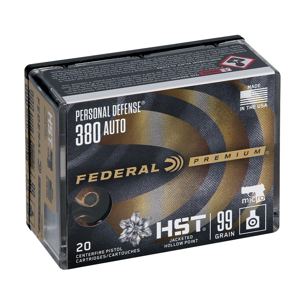 federal p380hst1s premium personal defense micro 380acp 99gr hst jacketed hollow point 20 per box/10 case Federal P380HST1S Premium Personal Defense Micro 380ACP 99gr HST Jacketed Hollow Point 20 Per Sports South item 98167