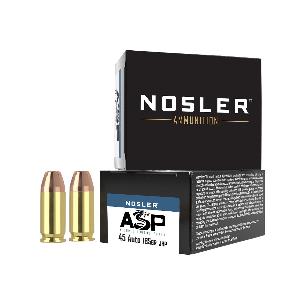 nosler 51278 assured stopping power handgun 45acp 185gr jacketed hollow point 20 per box/20 case Nosler 51278 Assured Stopping Power Handgun 45ACP 185gr Jacketed Hollow Point 20 Per Box/20 Sports South item 98608