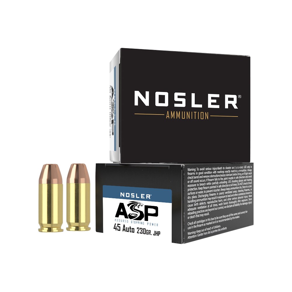 nosler 51277 assured stopping power handgun 45acp 230gr jacketed hollow point 20 per box/20 case Nosler 51277 Assured Stopping Power Handgun 45ACP 230gr Jacketed Hollow Point 20 Per Box/20 Sports South item 98609