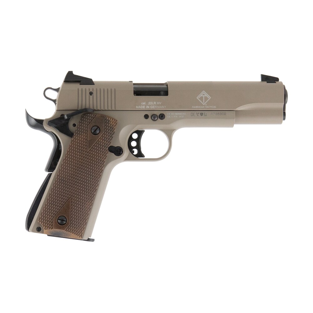 gsg gsg2210m1911t 1911 22 lr 10+1 5" threaded barrel, tan serrated slide & zinc alloy w/beavertail frame, double diamond walnut grip GSG GSG2210M1911T 1911 22 LR 10+1 5" Threaded Sports South item 99720