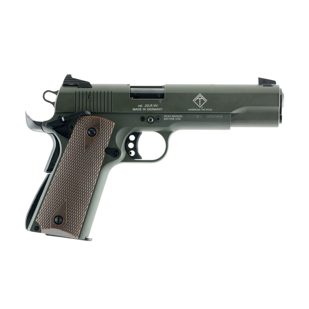 gsg gsg2210m1911g 1911 22 lr 10+1 5" threaded barrel, od green serrated slide, od green zinc alloy w/beavertail frame, double diamond walnut grip GSG GSG2210M1911G 1911 22 LR 10+1 5" Threaded Sports South item 99721