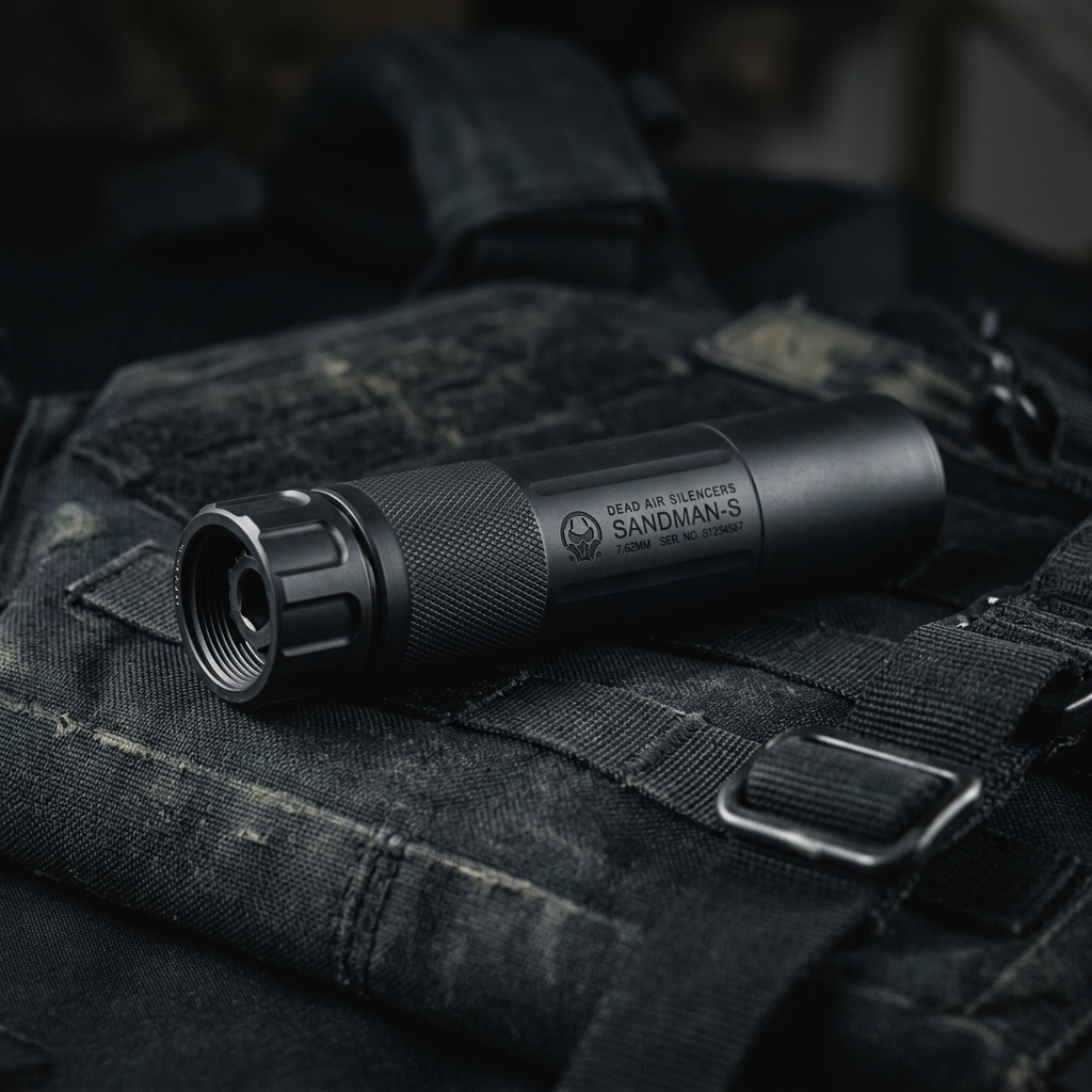 Dead Air Sandman-S suppressor lying on dark tactical gear